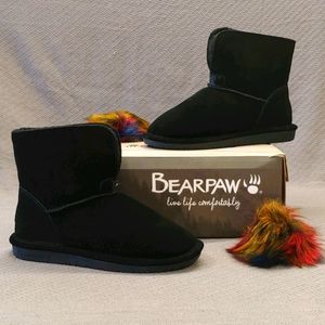 BEARPAW Suede Sheepskin Pom Pom Boot Black Multi-9